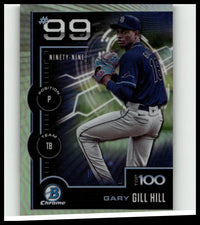 Blue and white 2025 bowman baseball card featuring gary gill hill in tampa bay rays uniform number 99