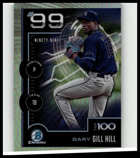Blue and white 2025 bowman baseball card featuring gary gill hill in tampa bay rays uniform number 99