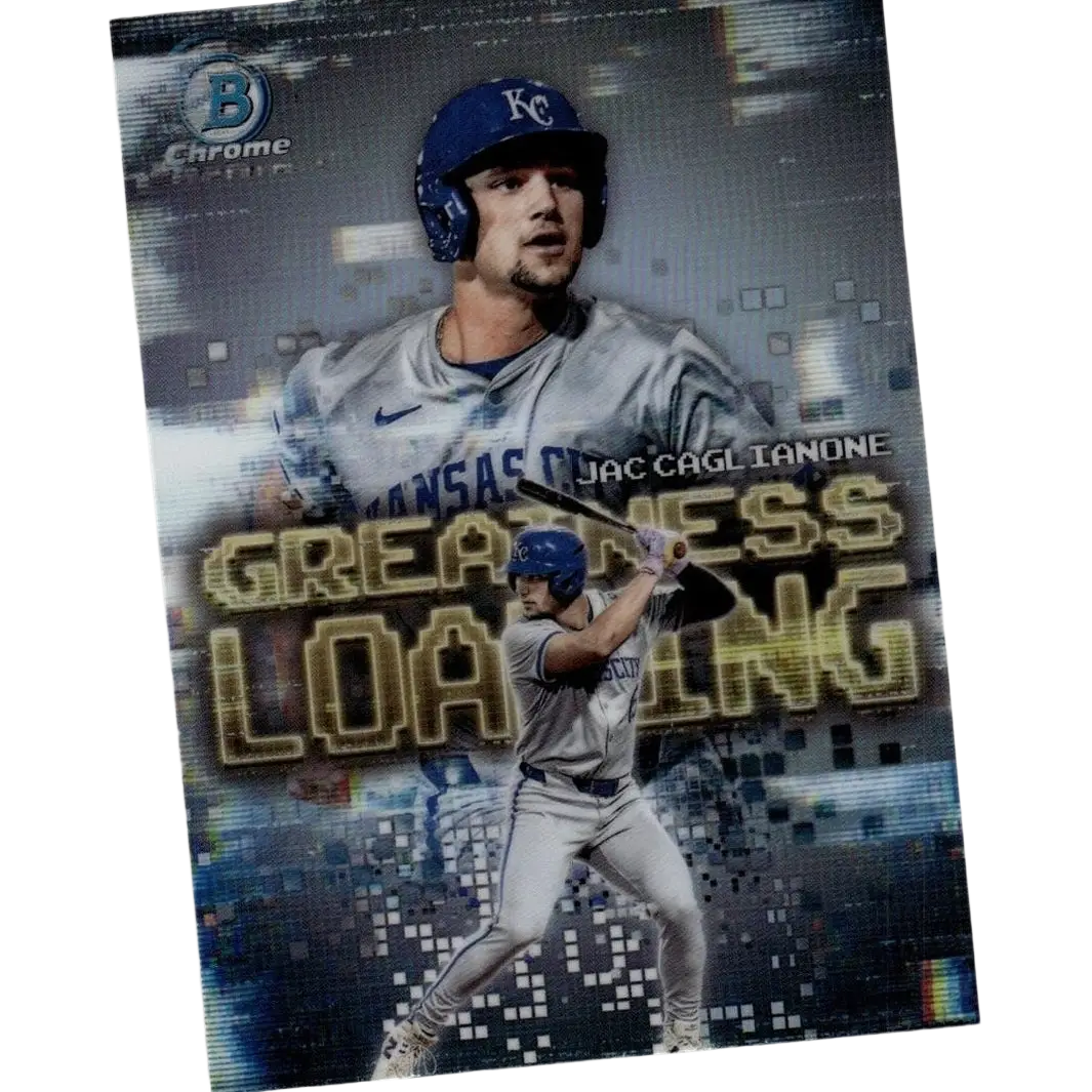 2025 bowman chrome trading card featuring kansas city royals jac caglianone with greatness loading design and gold lettering