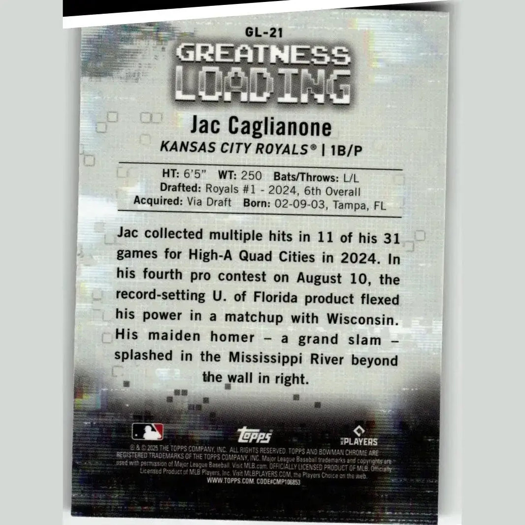 Silver and black 2025 bowman baseball trading card back featuring jac caglianone greatness loading with chrome details