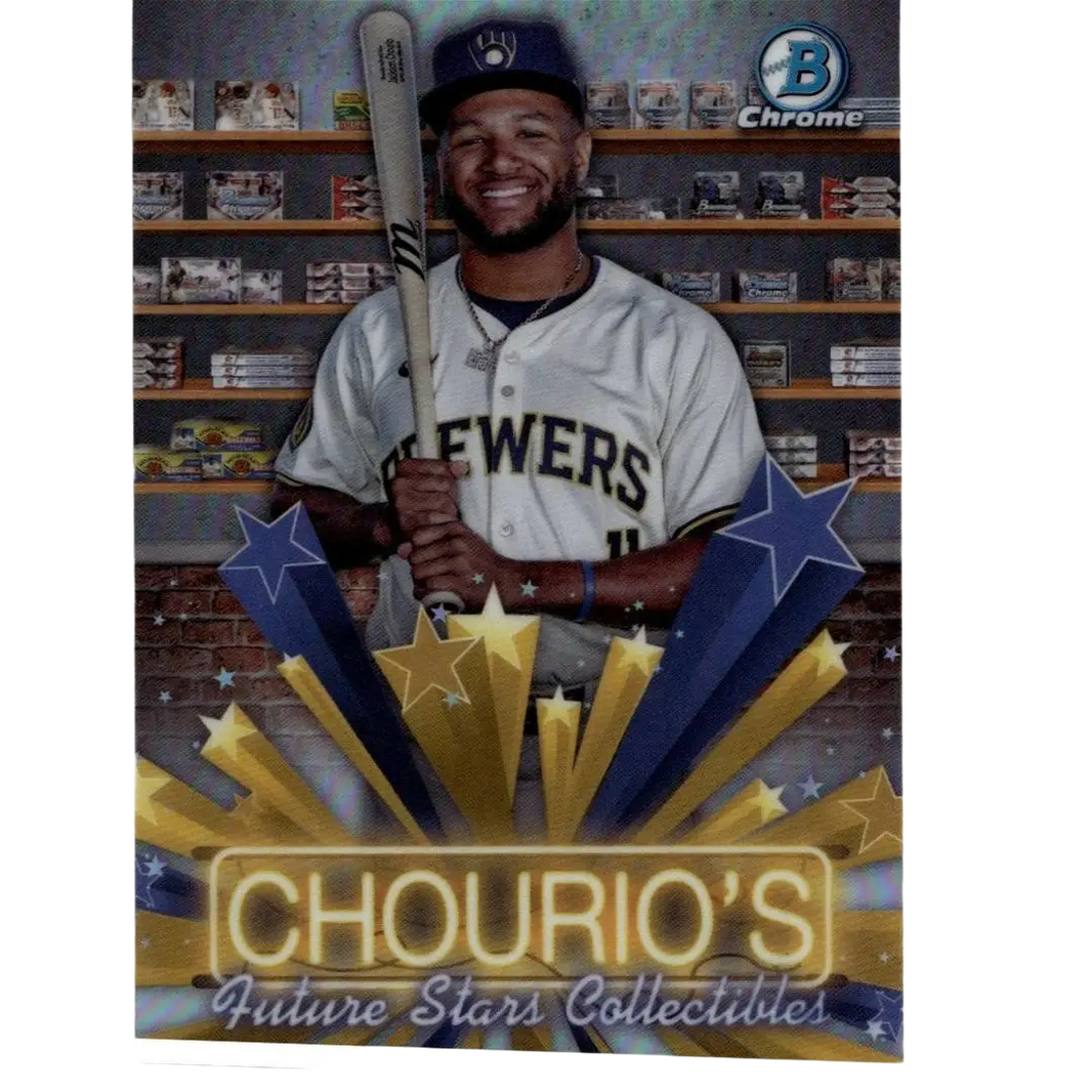Blue and gold starburst 2025 bowman jackson chourio hobby stars baseball card featuring smiling brewers player with bat