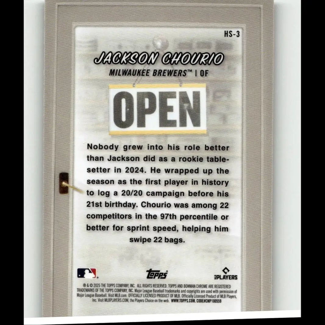 A white and black 2025 bowman jackson chourio hobby stars baseball card encased in clear protective plastic with open label