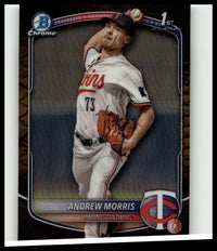 2025 bowman prospects andrew morris minnesota twins baseball trading card with glossy chrome finish and detailed player portrait