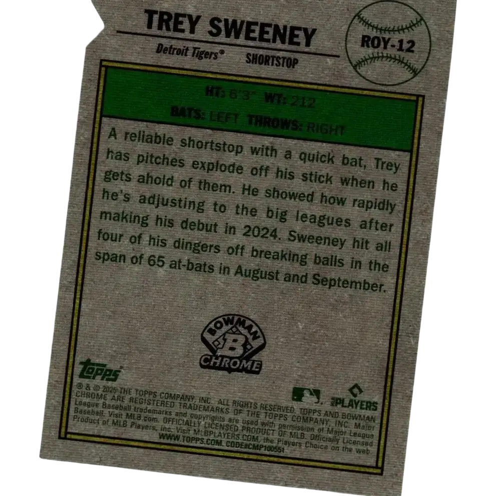 This 2016 topps chrome baseball card features trey sweeney rookie shortstop of the detroit tigers in 2025 bowman series