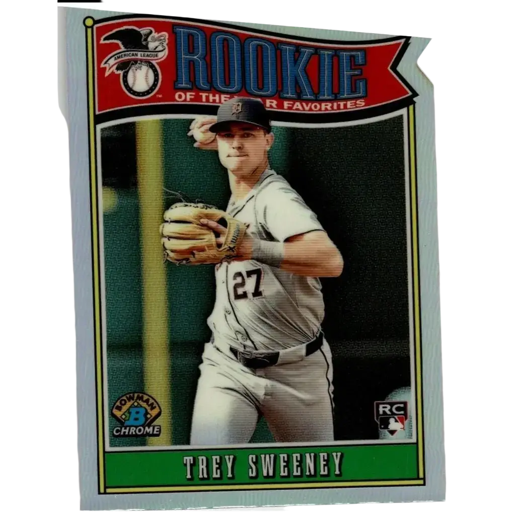 Silver chrome 2025 bowman trey sweeney rookie baseball card in gray uniform holding glove and ball number 27