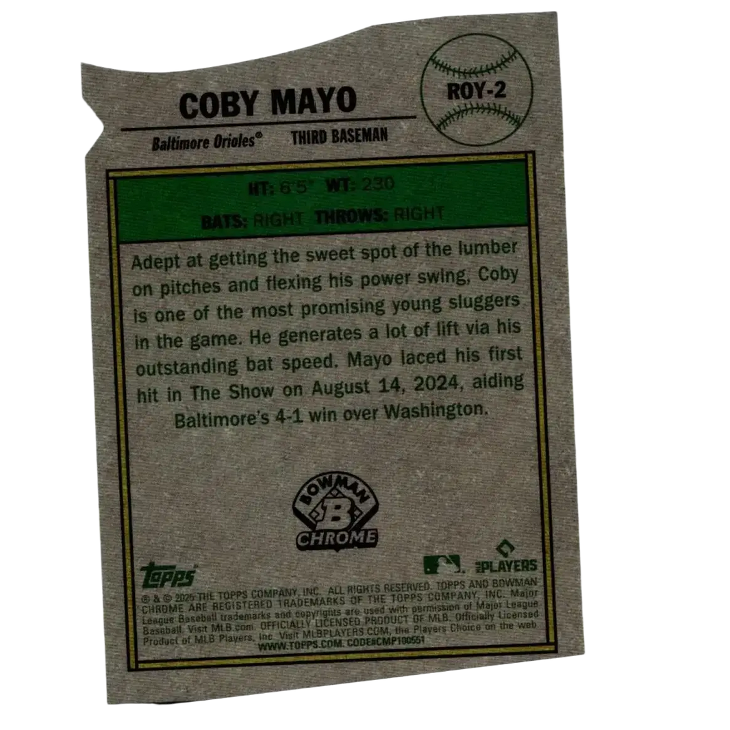 Gray textured 2025 bowman rookie baseball card featuring coby mayo baltimore orioles third baseman mayo rookie