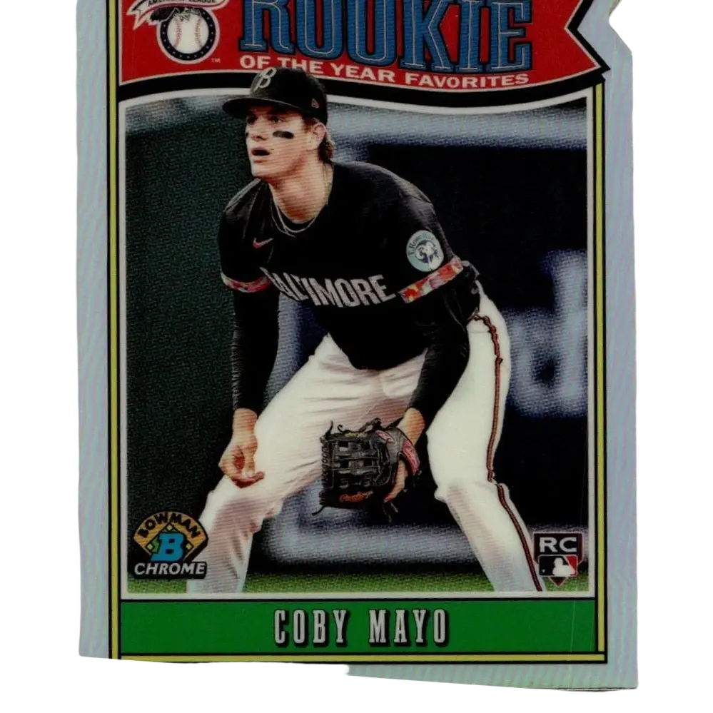 Silver-bordered 2025 bowman baseball trading card featuring coby mayo rookie in black baltimore orioles jersey with rookie of the year favorites branding