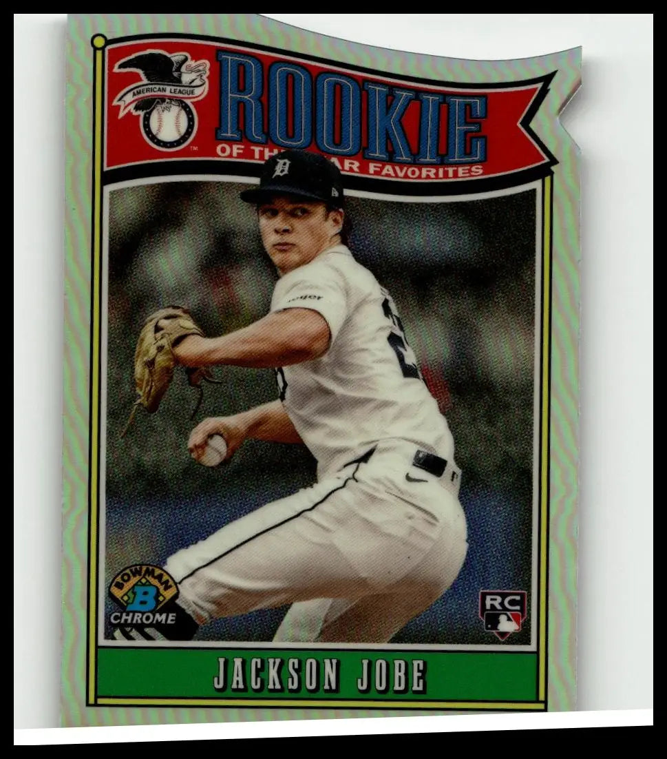 Silver-bordered 2025 bowman baseball trading card featuring jackson jobe rookie pitching in detroit tigers uniform