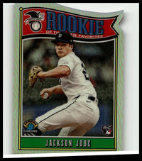 Silver-bordered 2025 bowman baseball trading card featuring jackson jobe rookie pitching in detroit tigers uniform