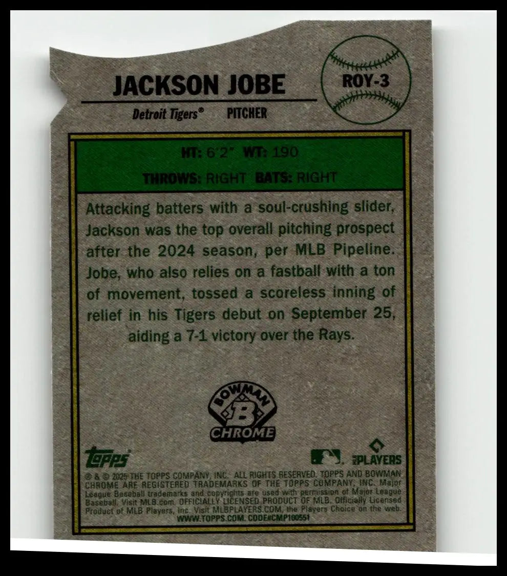 A brown textured 2025 bowman baseball card featuring jackson jobe rookie of the year favorites of the detroit tigers