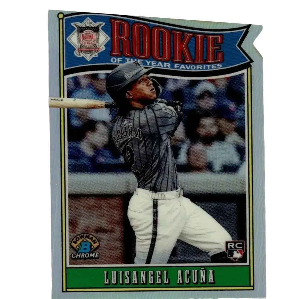 Silver chrome baseball trading card featuring luisangel acuña in gray pinstripe uniform labeled rookie of the year favorites