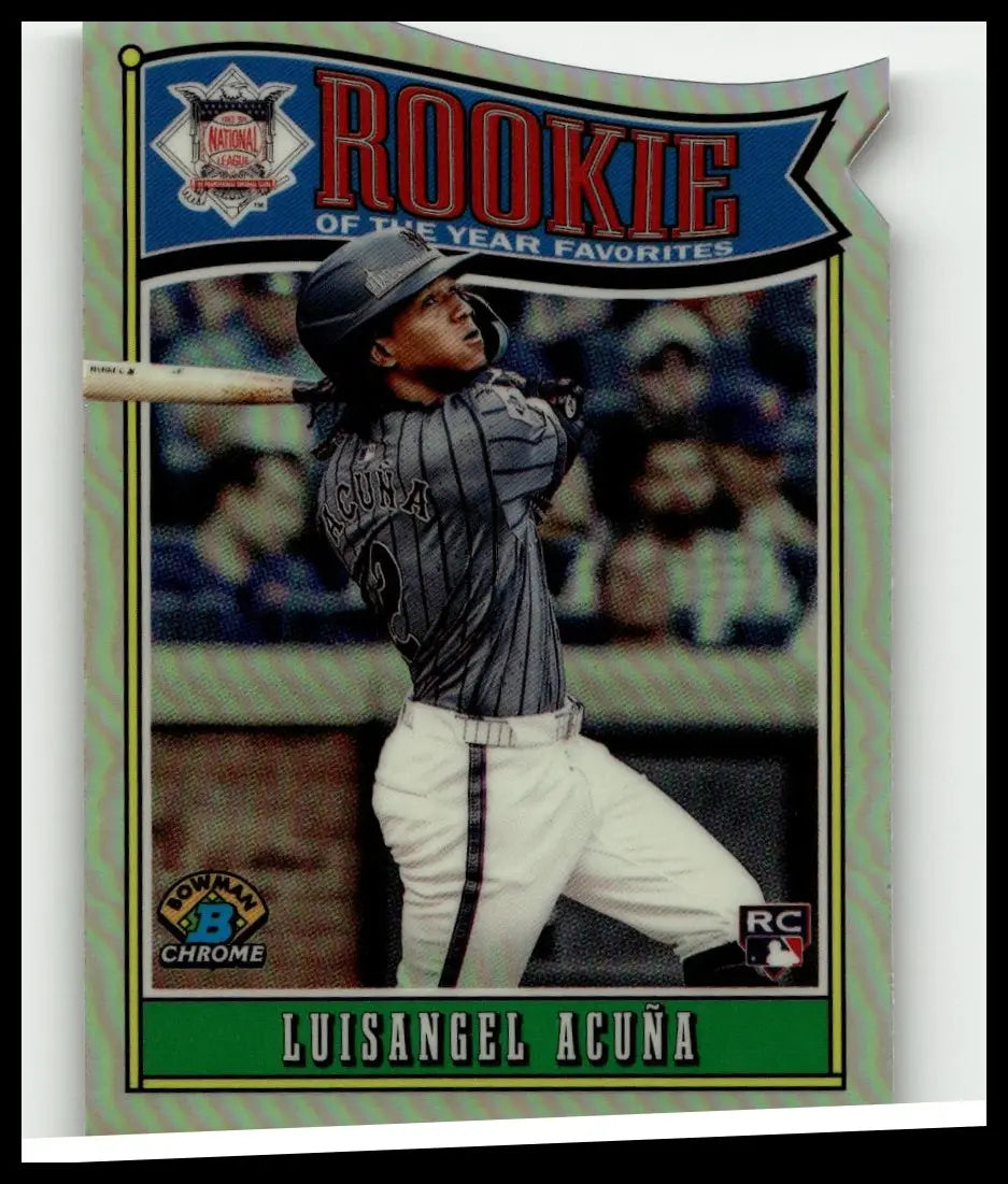 A glossy green and blue 2025 bowman luisangel acuña rookie of the year favorites baseball card mid-swing action