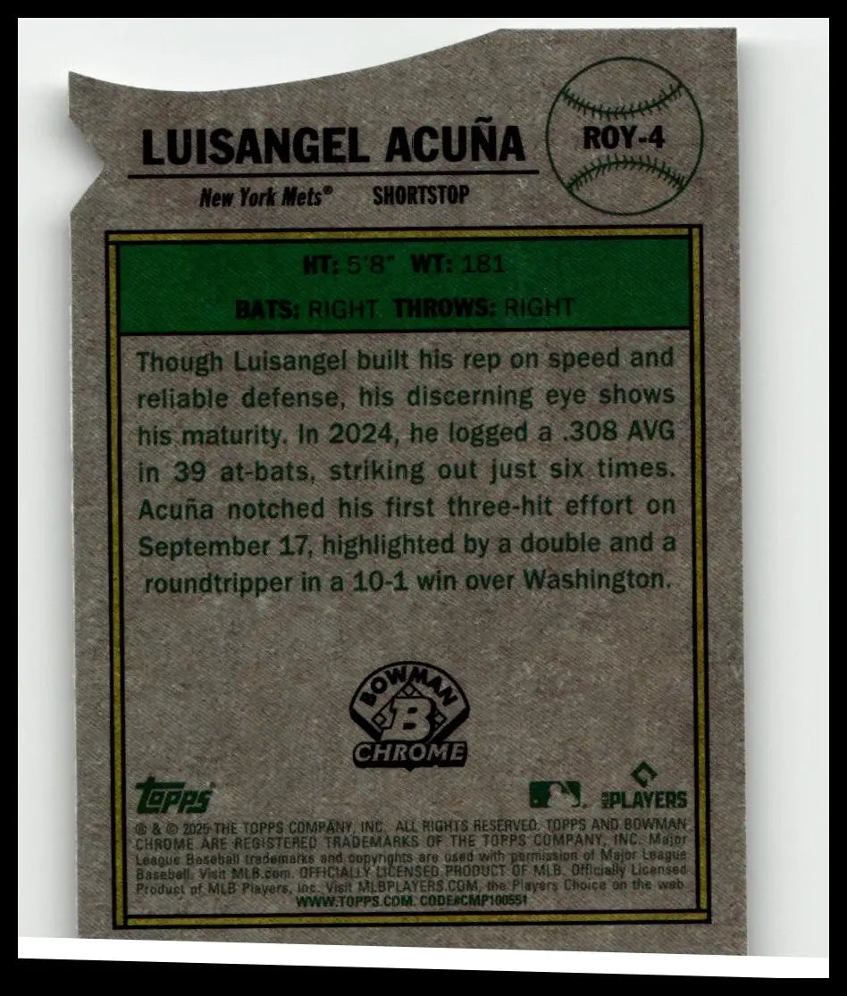 This is a brown textured 2025 Bowman Luisangel Acuña rookie year favorites baseball trading card