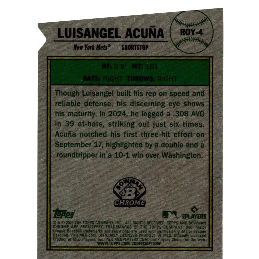 This gray textured 2025 bowman baseball trading card features luisangel acuña rookie of the year favorites