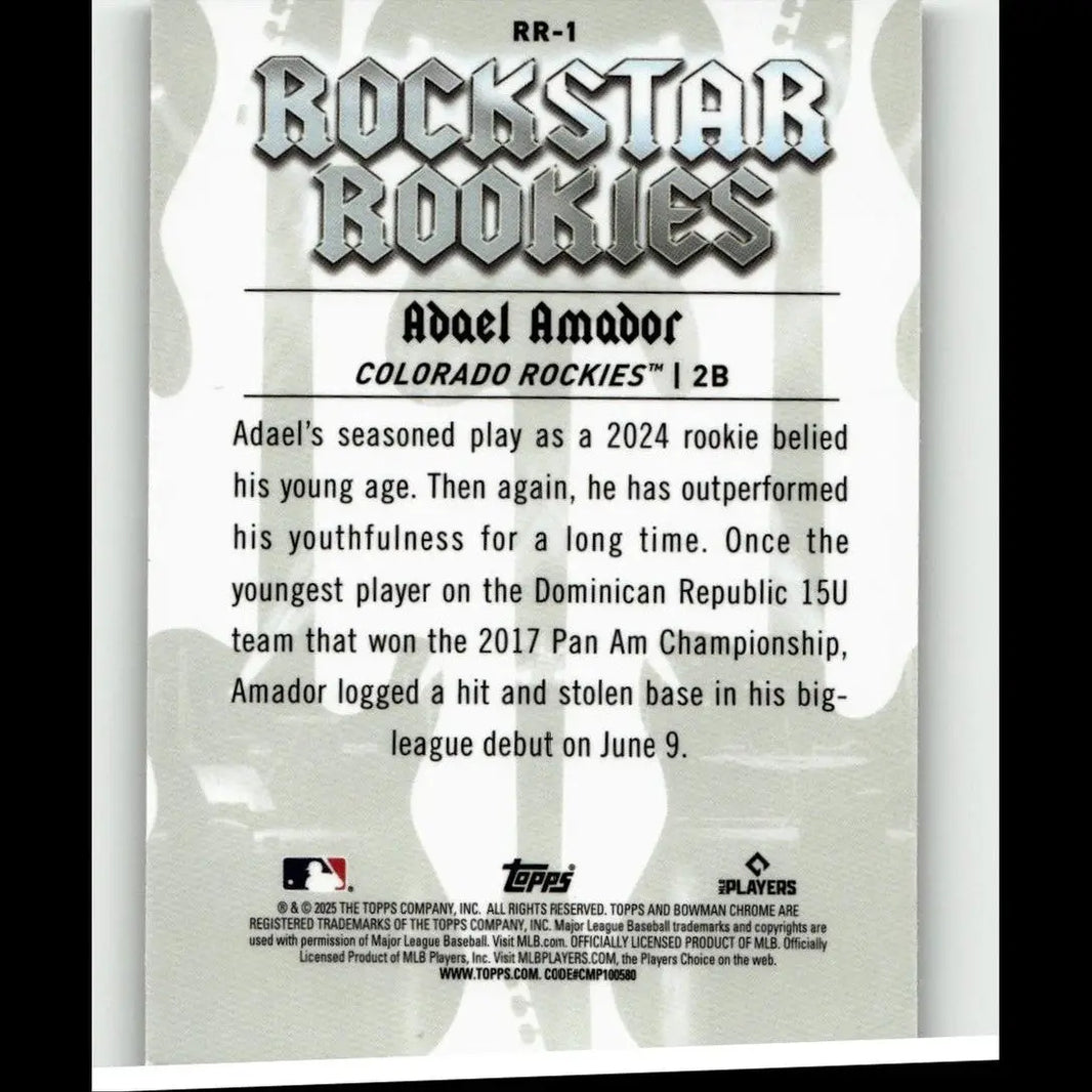 Rockstar rookies baseball card featuring adael amador colorado rockies 2024 rookie second baseman 2025 bowman rr-1