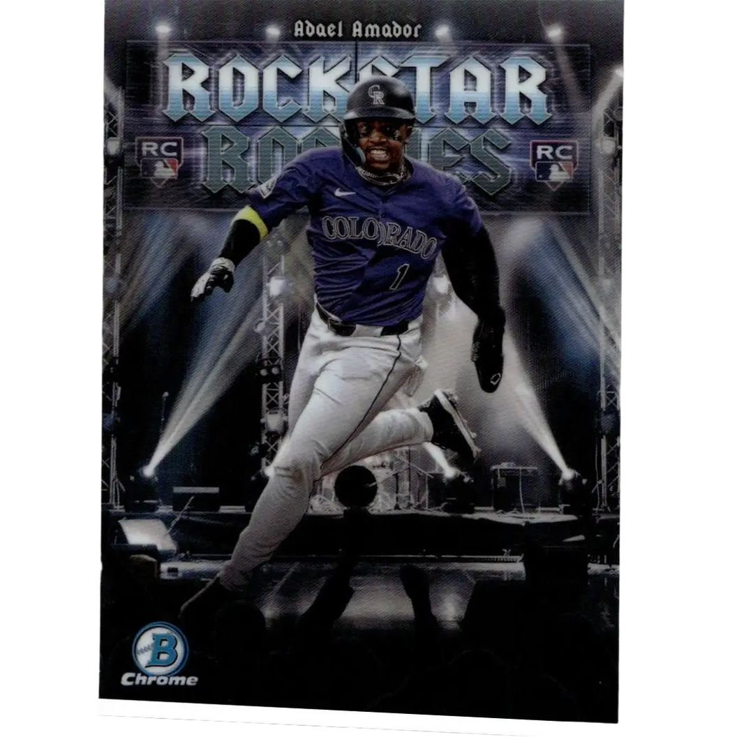 A vibrant purple and white colorado rockies jersey with number 1 worn by adael amador in 2025 bowman rockstar rookies card