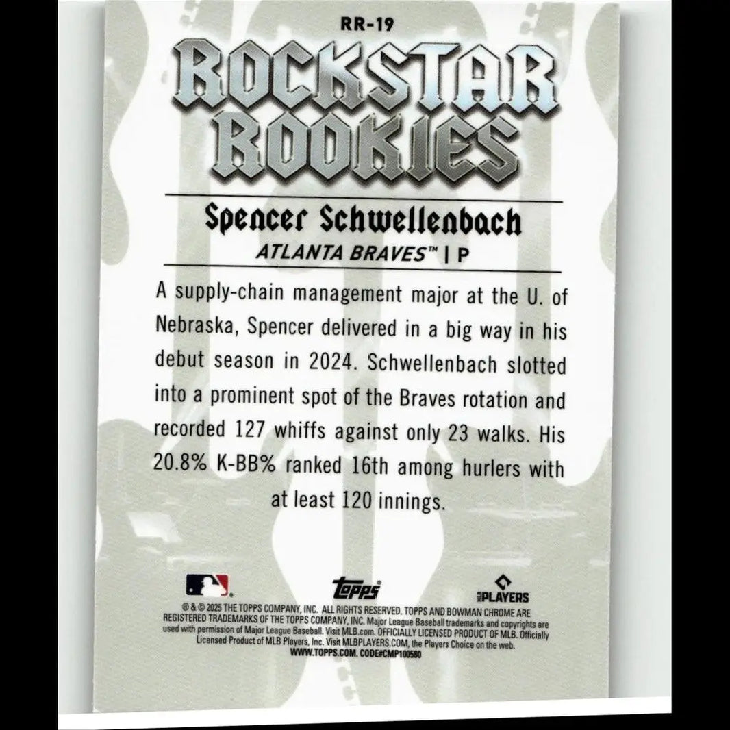 Silver metallic 2025 bowman rockstar rookies baseball trading card featuring spencer schwellenbach of the atlanta braves