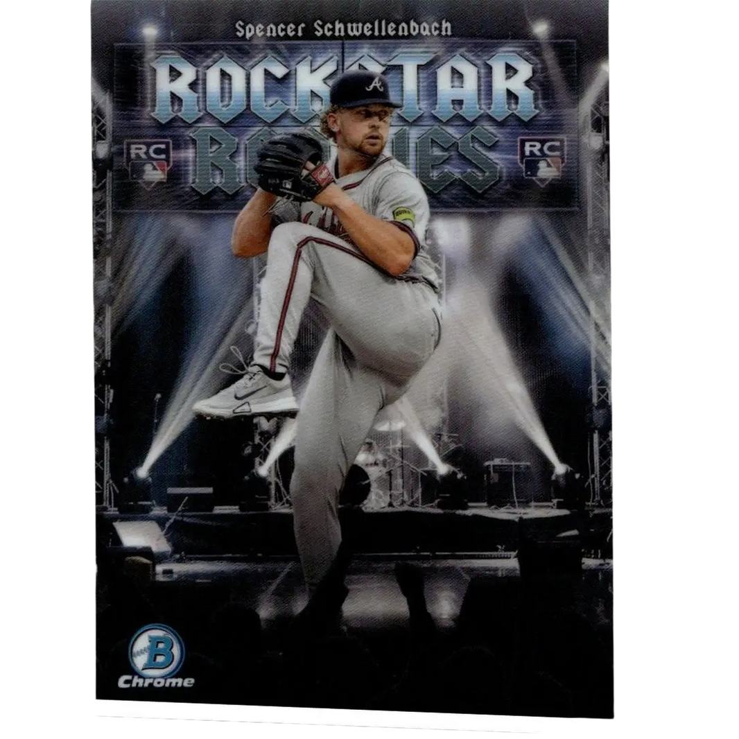 Gray baseball jersey with red and black piping worn by spencer schwellenbach in a dynamic pitching pose on schwellenbach rockstar rookies card