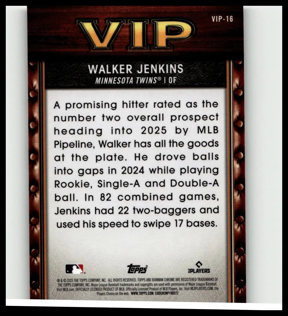 Vip-16 baseball trading card of walker jenkins featuring dark brown and gold design from 2025 bowman important prospects