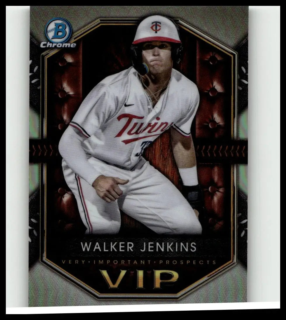 White Minnesota Twins baseball jersey with red trim and nike swoosh from 2025 Bowman walker jenkins important prospects
