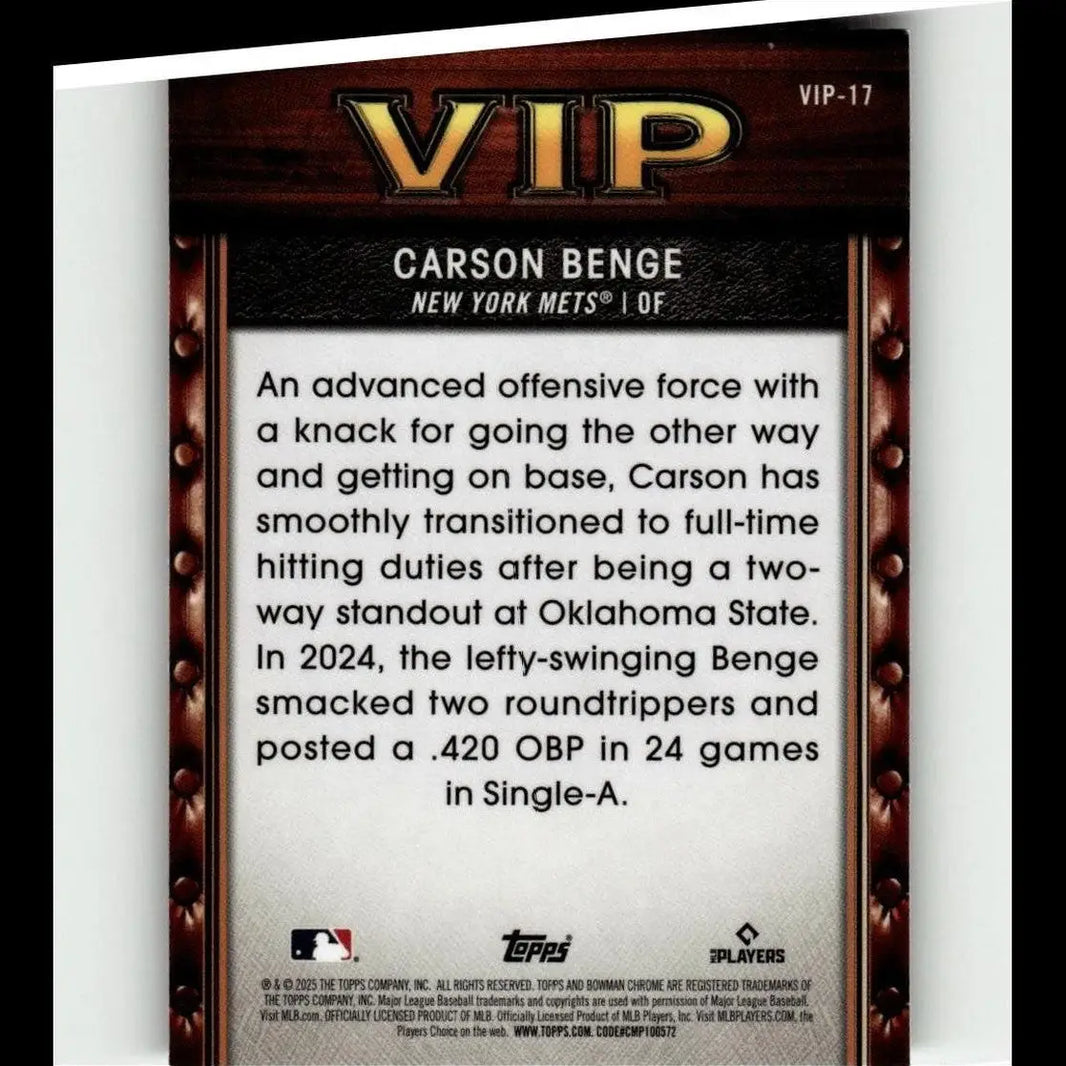 Vip series baseball trading card of carson benge new york mets with dark brown leather border and gold text for important prospects