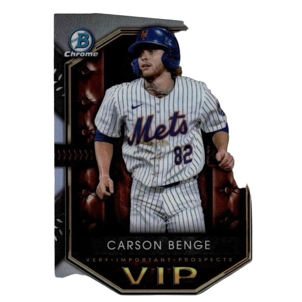 2025 bowman chrome trading card featuring carson benge in white pinstripe mets jersey number 82 important prospects