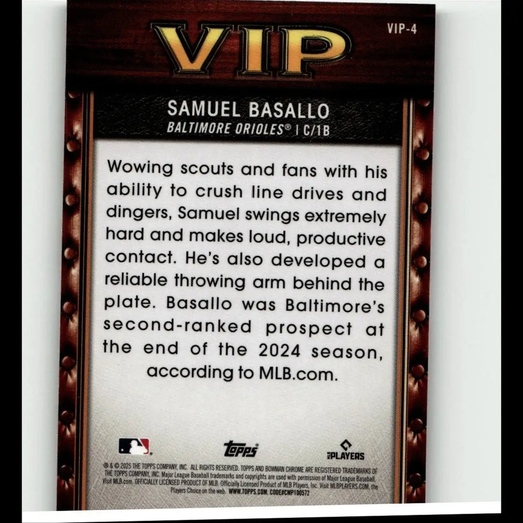 2025 bowman samuel basallo leather-like baseball card with gold foil lettering and stitched edges featuring important prospects
