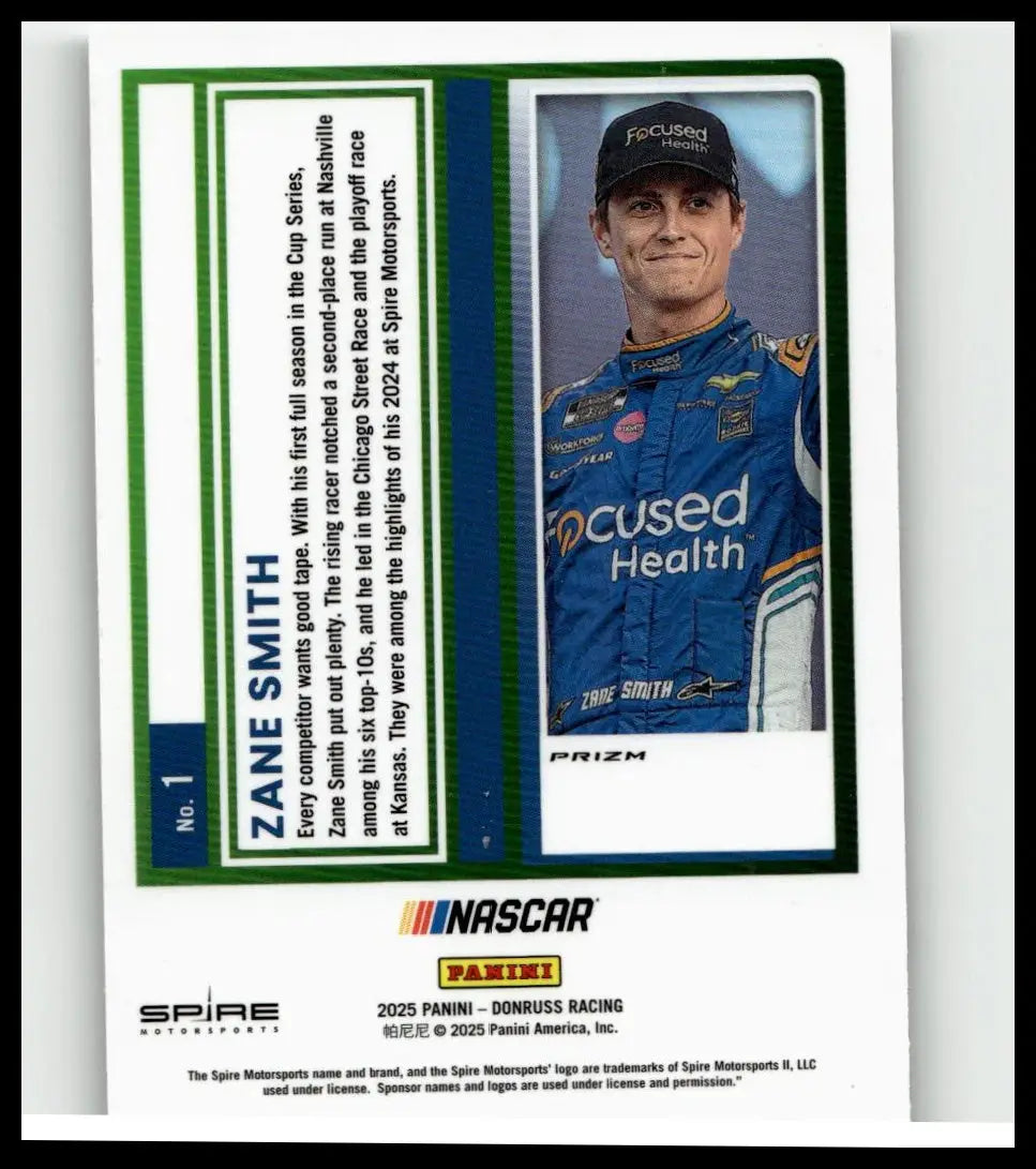 Blue racing suit with sponsor logos and matching cap worn by zane smith in 2025 donruss 1 zane smith optic card