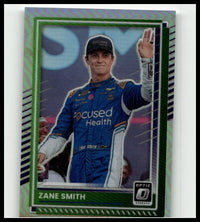 A green and silver holographic bordered 2025 donruss zane smith optic trading card featuring smith in a blue focused health suit