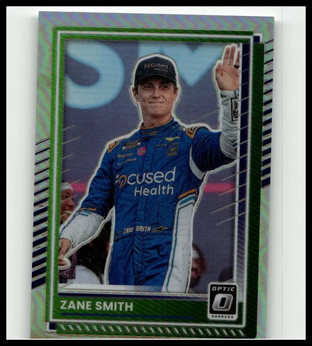 A green and silver holographic bordered 2025 donruss zane smith optic trading card featuring smith in a blue focused health suit