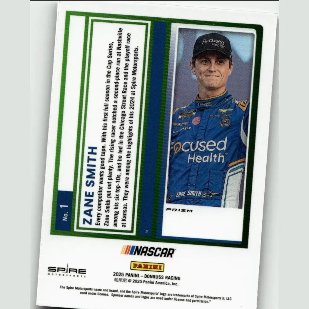 Blue racing suit with white and green accents featuring focused health logo for 2025 donruss zane smith toys and games
