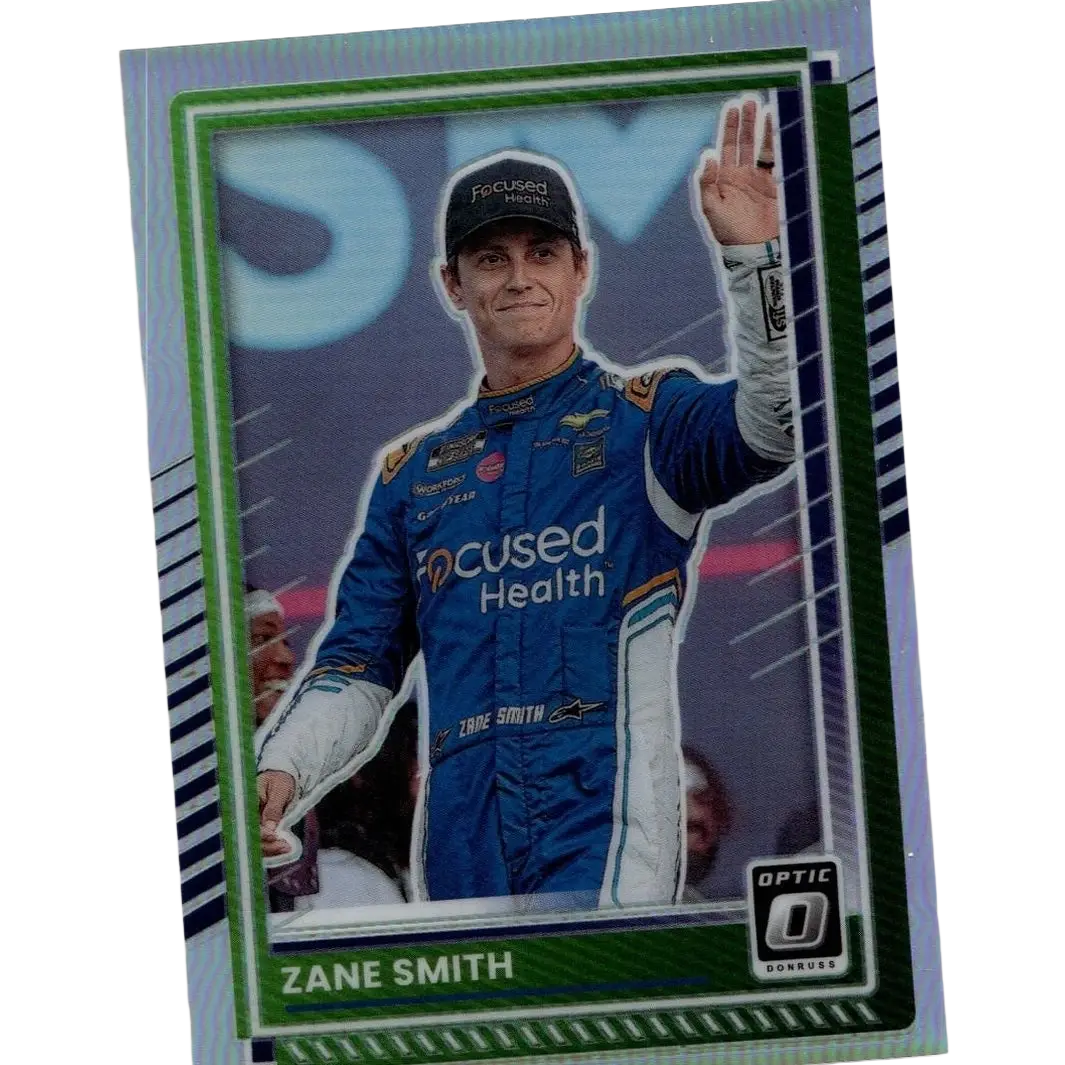Blue and white racing suit with focused health branding worn by zane smith in 2025 donruss action toy figure