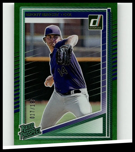 Green and blue 2025 donruss brody brecht baseball trading card featuring brecht green in a purple jersey number 14