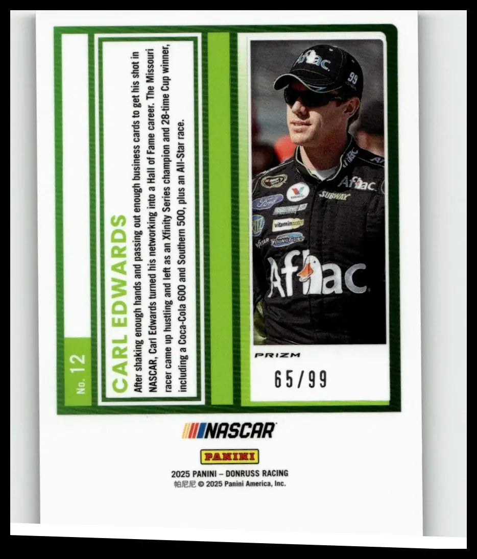 A black nascar trading card featuring carl edwards in a black uniform with sunglasses from 2025 donruss optic green velocity
