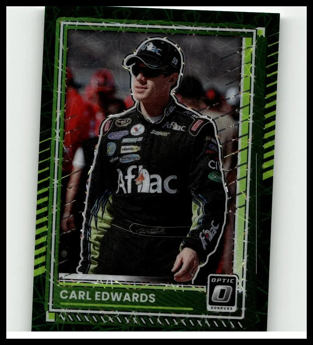 Green and black framed nascar trading card featuring carl edwards in racing suit from 2025 donruss optic green velocity