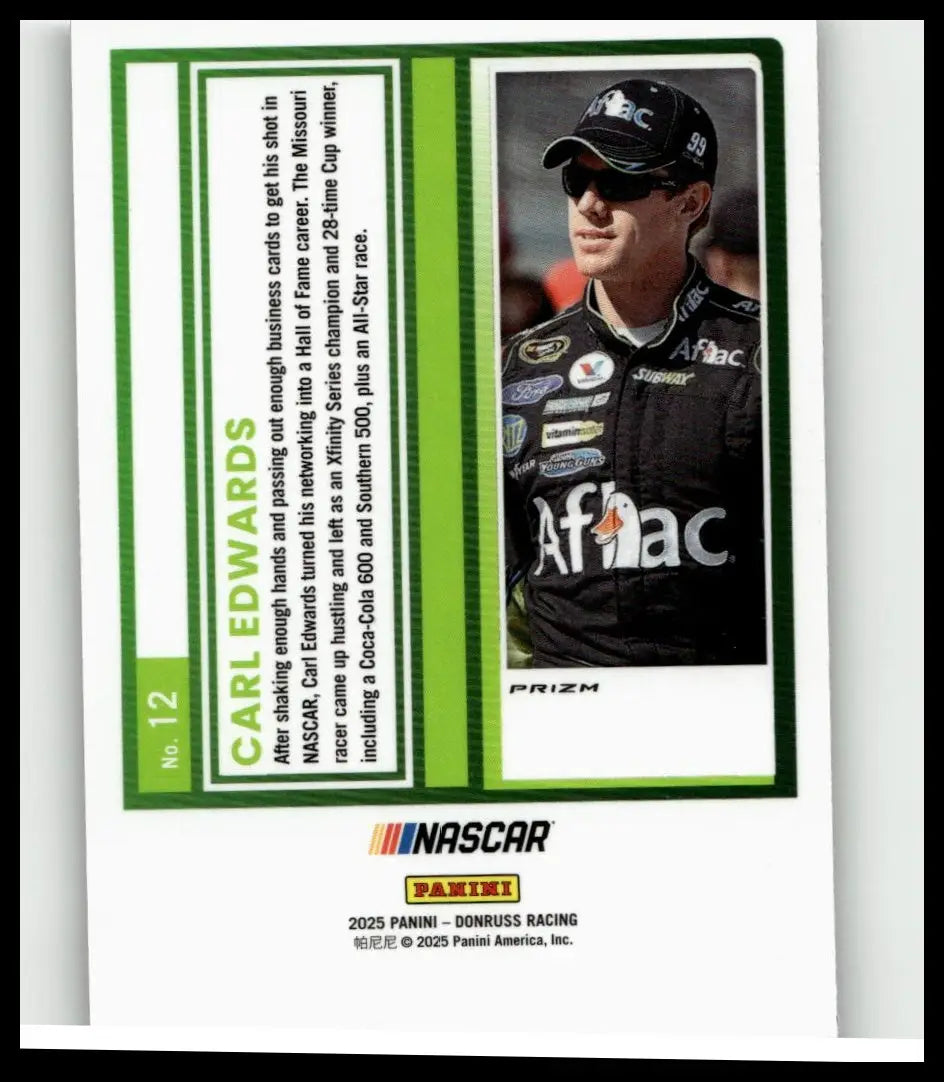 Black racing suit with white and silver sponsor logos worn by Carl Edwards on 2025 Donruss #12 Carl Edwards Optic Holo card
