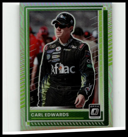 Green and silver bordered 2025 donruss #12 carl edwards optic holo trading card featuring edwards in black racing suit