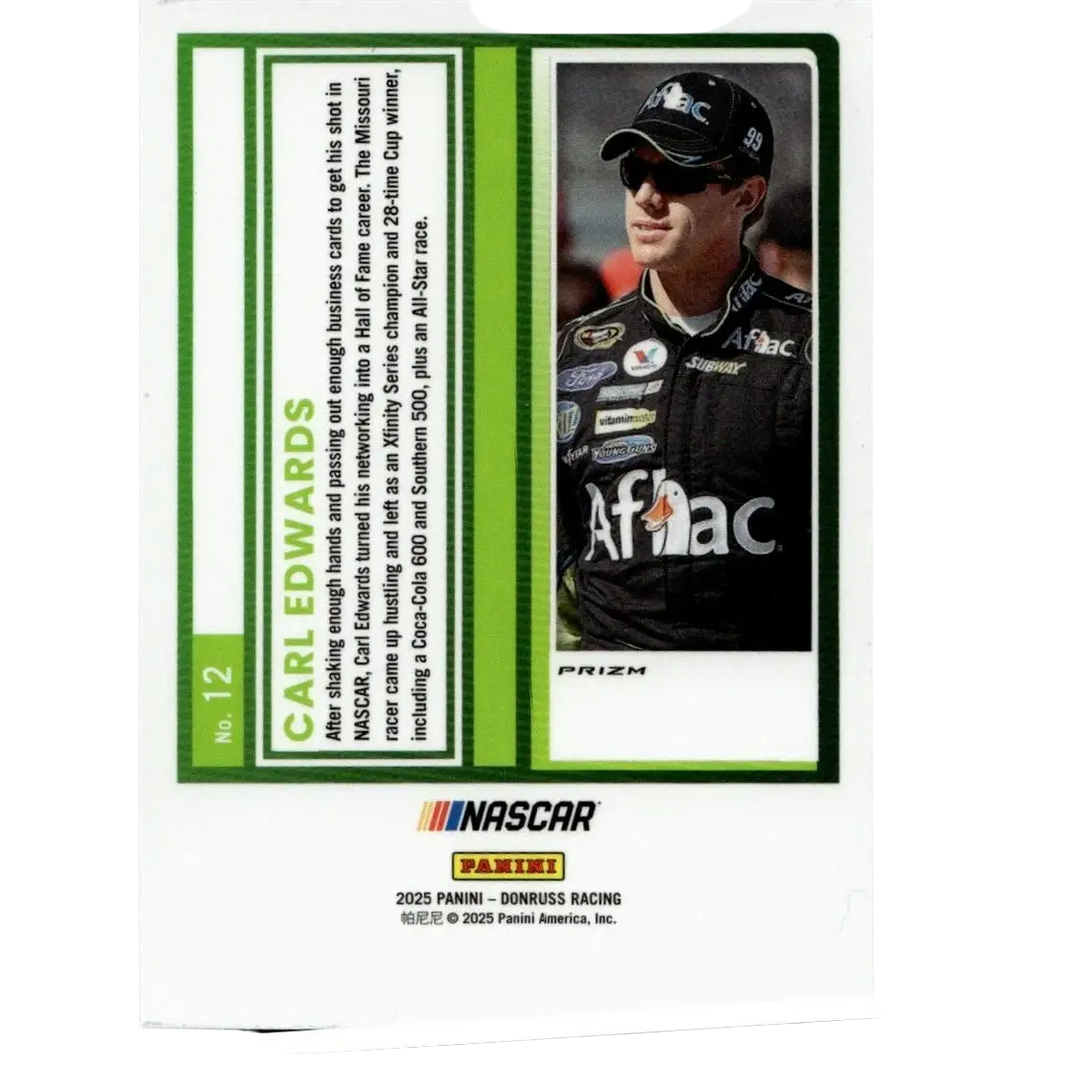 A black 2025 Donruss carl edwards nascar trading card with green borders and afac and subway sponsor logos