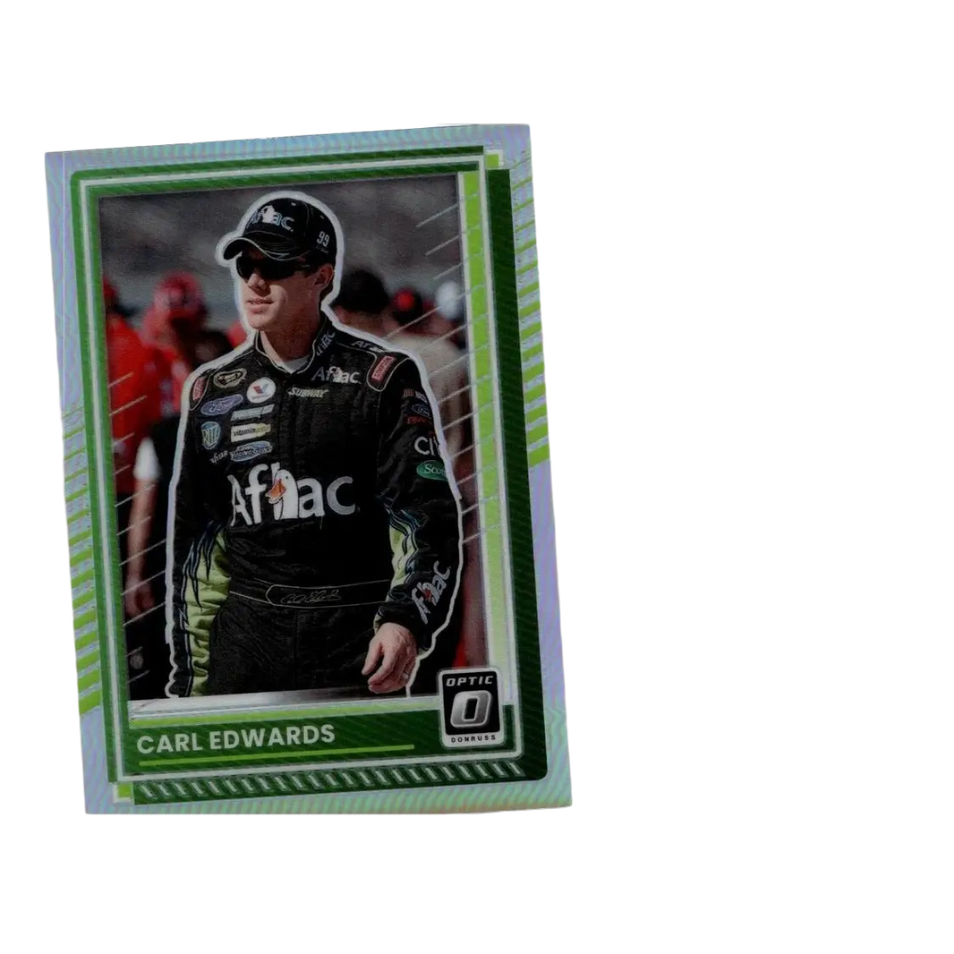 Green and silver bordered 2025 donruss #12 carl edwards trading card featuring edwards in black racing suit for toys and games