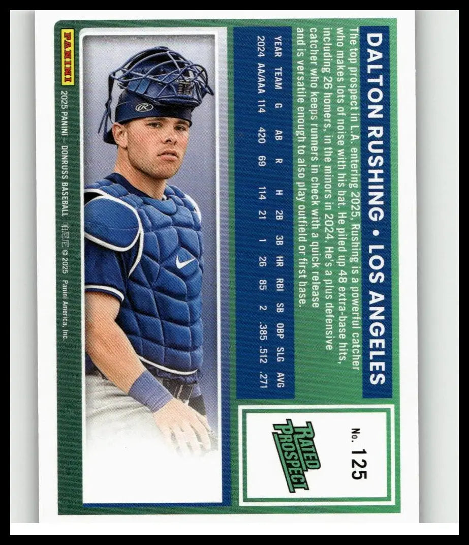 Blue quilted catchers chest protector with white trim and nike swoosh worn by dalton rushing in rushing holo purple card