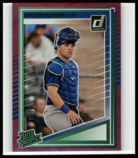Blue and white baseball catchers gear with chest protector helmet and wristband in 2025 donruss dalton rushing holo purple