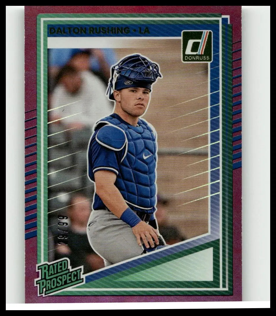 Blue and white baseball catchers gear with chest protector helmet and wristband in 2025 donruss dalton rushing holo purple