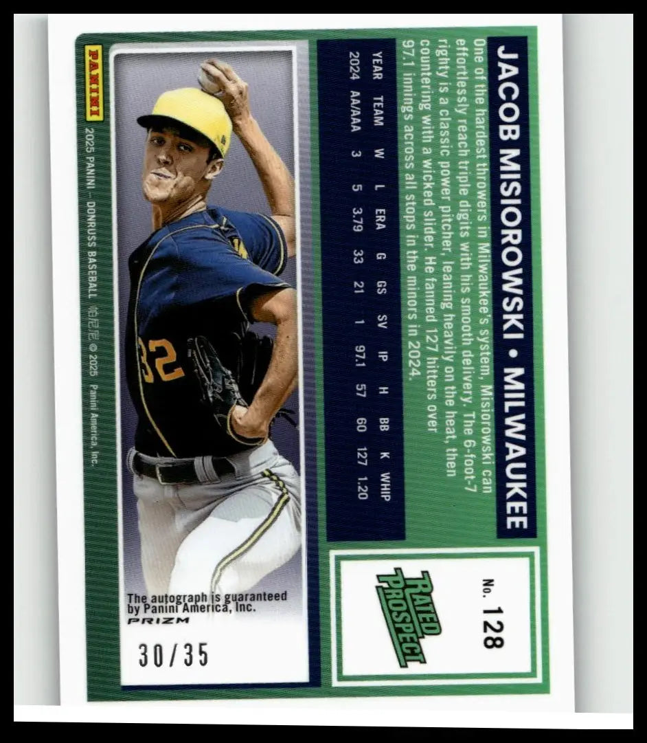 Jacob Misiorowski prospects optic signatures baseball card from 2025 Donruss with green white border and player stats on back