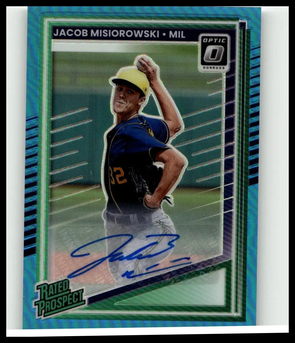 A teal and green iridescent 2025 Donruss prospects optic signatures baseball card of Jacob Misiorowski in blue uniform