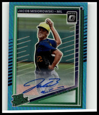 A teal and green iridescent 2025 Donruss prospects optic signatures baseball card of Jacob Misiorowski in blue uniform