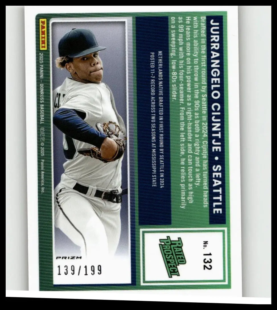 Green-bordered 2025 panini donruss baseball card featuring jurrangelo cijntje optic orange in seattle mariners uniform