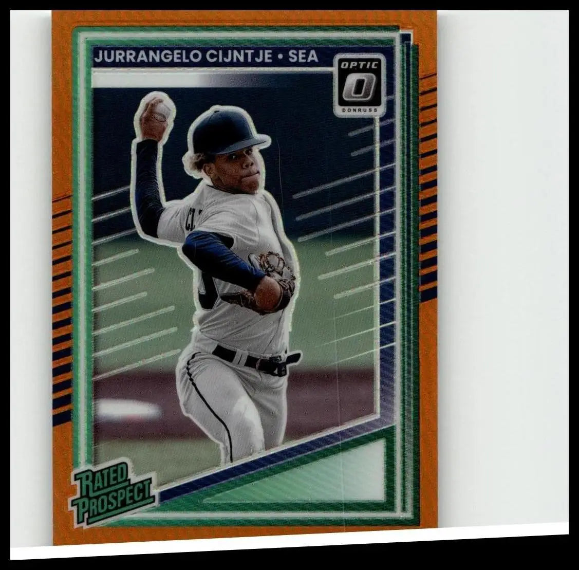 Orange and green bordered 2025 donruss #132 jurrangelo cijntje optic orange baseball trading card with white uniform