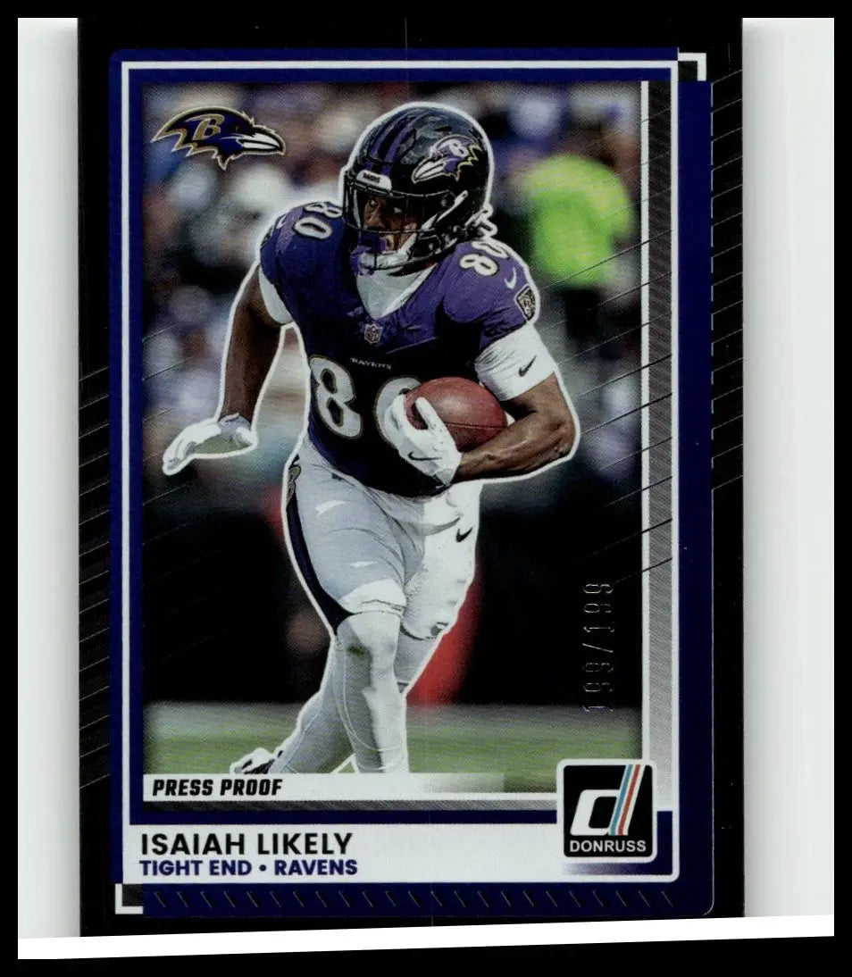 Purple and white baltimore ravens football card featuring isaiah likely in action 2025 donruss press proofs silver