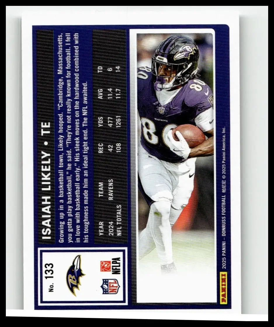 Purple and black baltimore ravens 2025 donruss press proofs silver football trading card featuring isaiah likely