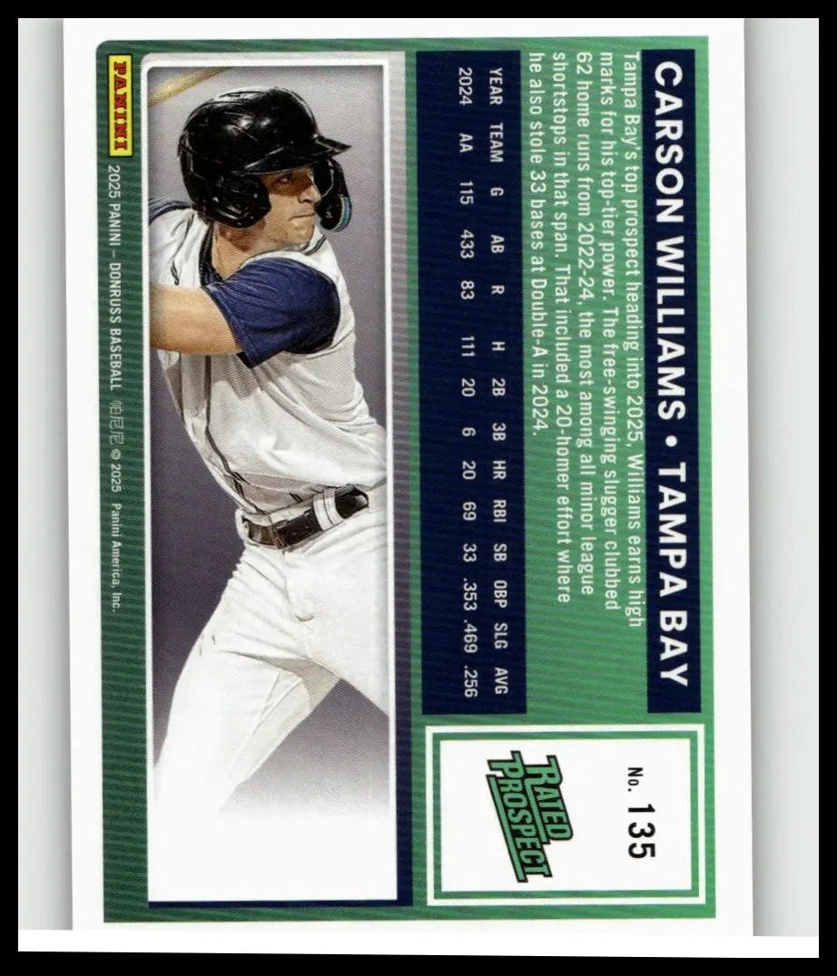 2025 donruss baseball card featuring carson williams green in white and navy tampa bay uniform with black helmet